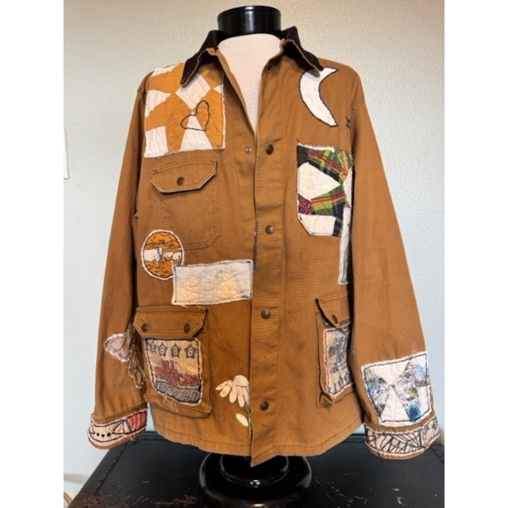 Custom Upcycled Quilt Patch Chore Jacket Brown Canvas Corduroy Collar One Size